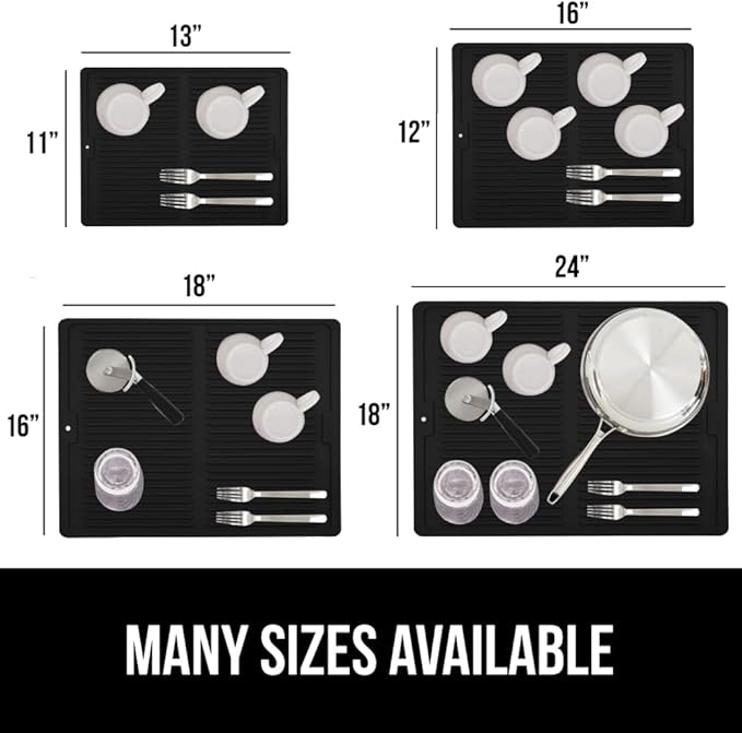 GORILLA GRIP 100% BPA-Free Patented Silicone Dish Drying Mat for Kitchen Counter, Water Catching Ribbed Design, Easy Clean Waterproof Sink Liner, Heat Resistant, Fits Under Rack, 11x13 Inch, Black