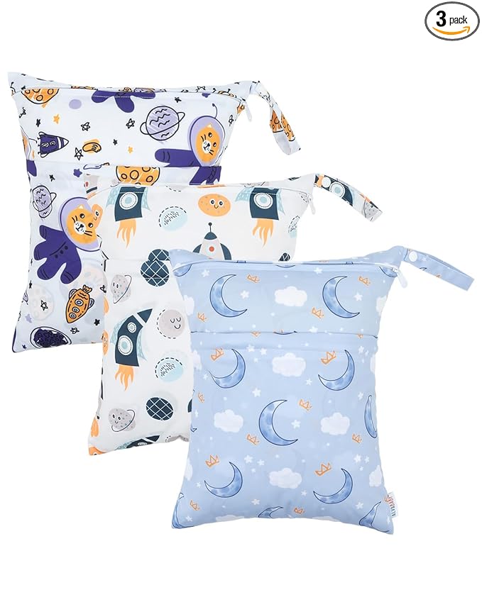 ALVABABY 3 Cloth Diaper Wet Dry Bags Waterproof Reusable with Two Zippered Pockets Travel Beach Pool Daycare Soiled Baby Items Yoga Gym Bag for Swimsuits or Wet Clothes Small Medium Large 3L-ZM28