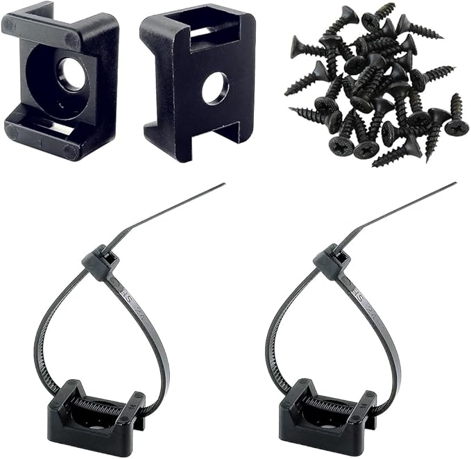 HS Saddle Type Cable Zip Tie Mounts Base Kit with Screw Hole,Set Strong 6 Inch Nylon Cable Ties and Screws Each 100 PCS,Wire Clips Anchor Management Fastener for Baseborad,Wall or Desk,Black