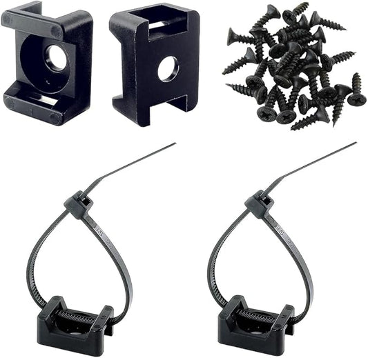 HS Saddle Type Cable Zip Tie Mounts Base Kit with Screw Hole,Set Strong 6 Inch Nylon Cable Ties and Screws Each 100 PCS,Wire Clips Anchor Management Fastener for Baseborad,Wall or Desk,Black