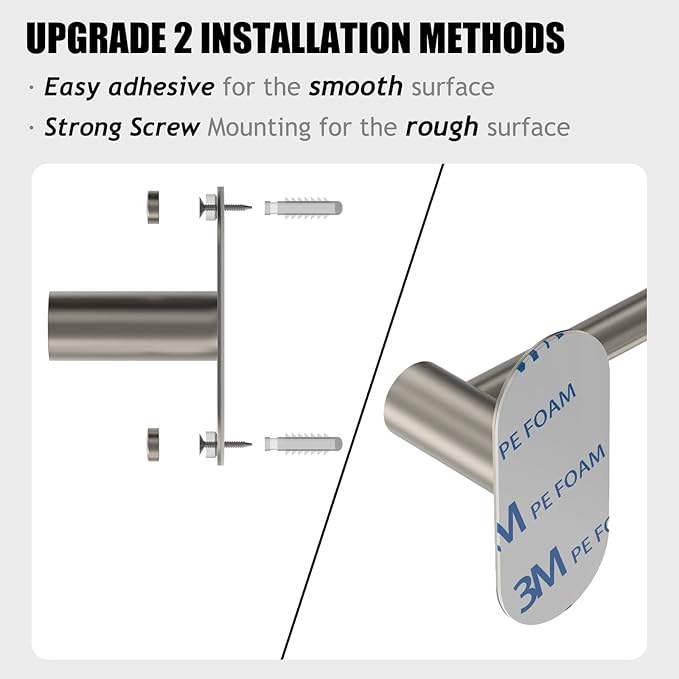 MIROAMZ Towel Bar, Adjustable 14.4inch - 25.2inch Towel Rack, Self Adhesive Wall Mounted for Bathroom Kitchen Hand Towel Holder Cloths Hanger 304 Stainless Steel Organizer Single Bar (Brushed Nickel)
