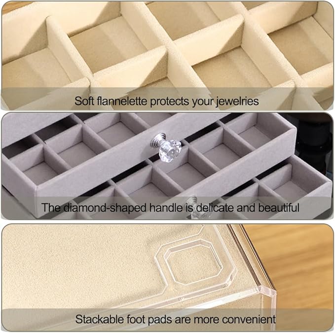 SPAKOWN Earring Box Holder Organizer Display Case, Clear Velvet Jewelry Storage Tray Organizer for Earring Ring Stud (Grey - 3 Drawers)
