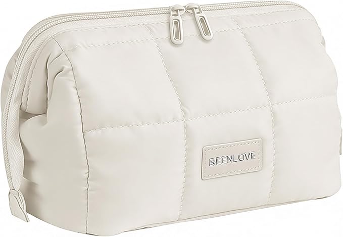 Makeup Bag Travel Toiletry Bag - Cute Make Up Bag, Waterproof Cosmetic Bag with Multiple Compartments, Wide-open Makeup Pouch for Cosmetics, Toiletries, and Travel Essentials, Beige