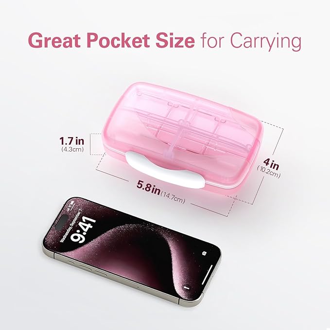 Barhon Travel Pill Organizer with 8 Large Compartments, Travel Pill Box Pocket Pharmacy Moisture-Proof, Portable Vitamin Organizer Medicine Cases for Fish Oil & Supplements (Pink)