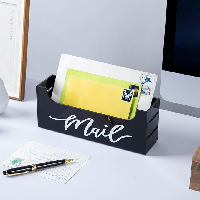MyGift Premium Smoky Gray Acrylic Mail Holder with Decorative White Cursive Mail Label, Modern Wall Mounted or Tabletop Mailbox, Letter Storage Organizer Box