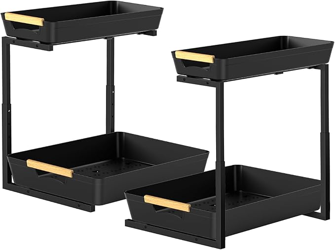 2 Pack Under Sink Organizer,2 Tier Pull Out Adjustable Height Under Cabinet Storage,Under Sink Storage for Kitchen Bathroom Cabinet