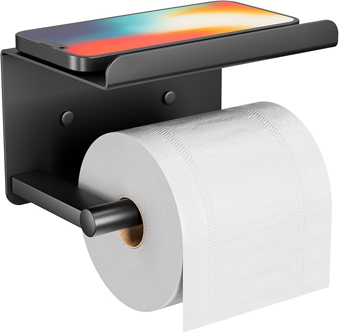 Adhesive Toilet Paper Holder with Phone Shelf, Wall Mounted Toilet Paper Roll Holder, Rustproof Bathroom Tissue Roll Holder with Shelf, Sticky Toilet Paper Roll Holder- Matte Black…