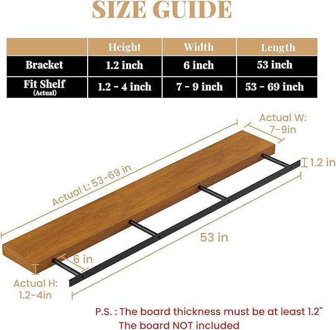 Floating Shelf Bracket Heavy Duty Shelving Brackets,Decorative Floating Shelf Hardware Black,Hidden Metal Shelf Support Bracket Heavy Duty Floating Mantel Bracket (53X6X1.2-Starter Jig)
