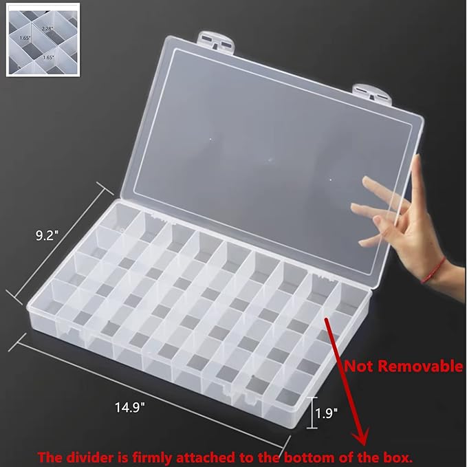Feadily 1PCS 36 Grids Large Plastic Organizer Box with Dividers, Compartment Organizer Box for Nail Accessories/Screw/Sewing Arts and Oil Paint, Bead Storage Containers 14.9" x 9.2" x 1.9" (Clear)