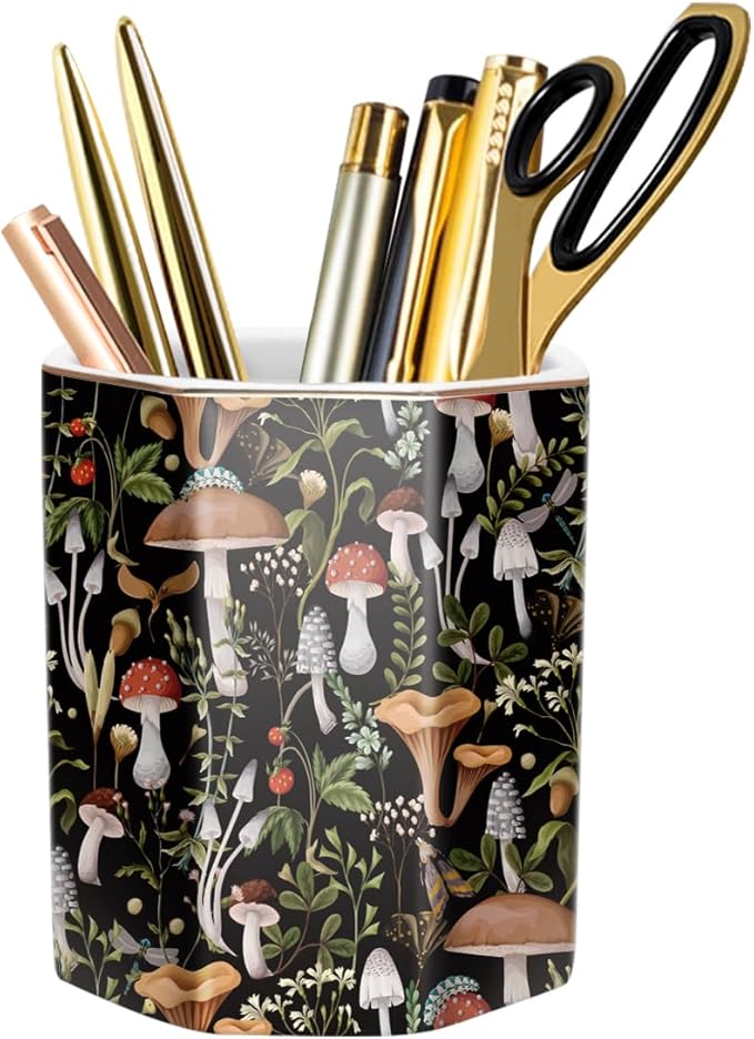WAVEYU Desk Pen Holder, Ceramic Pencil Cup, Cute Makeup Brush Holder, Desktop Supplies and Accessories for Women Students, Office Home Art Supply Caddy, Mushrooms Pattern
