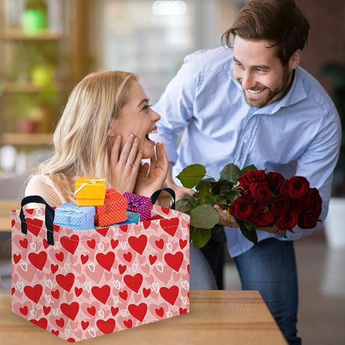 Rectangular Pink Valentine's Day Gift Basket,nursery basket,Pink girls gift baskets,kids toy storage Bin, Love Heart Room Decor for Home,Shelf Baskets(More Love)