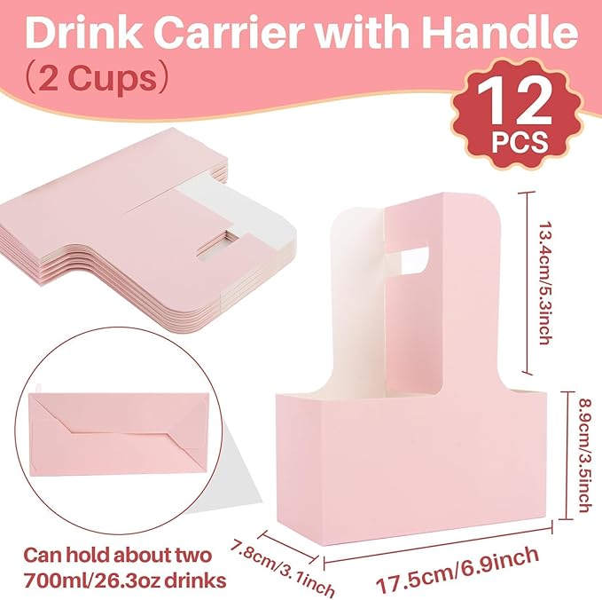 MAQIHAN 2 Cup Drink Carrier with Handle - 12Pcs Disposable Paper Cardboard Coffee Cup Holder Portable Drink Caddy Cup Carriers Foldable to go Cup Holder Food Delivery Accessories for Hot/Cold Drinks