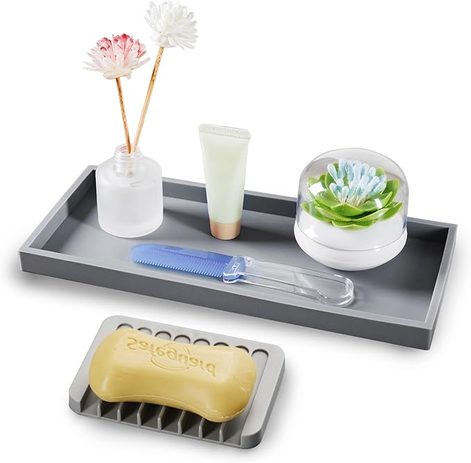 Bloss Silicone Counter Tray Set for Bathroom/Kitchen - 7.9" Bathroom Soap Dispenser Tray and Soap Holder, Silicone Vanity Trays Countertop Organizer for Scrubber, Perfume, Jewelry, Candle
