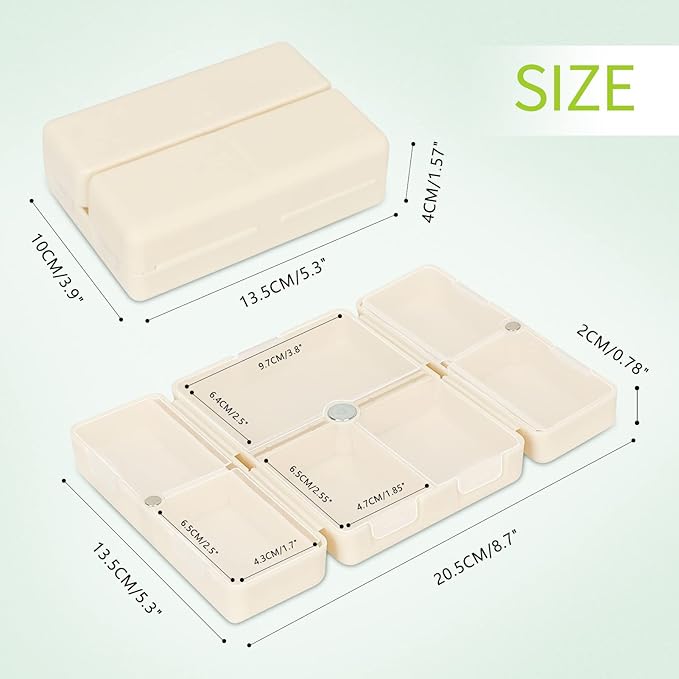 FYY Daily Pill Organizer,7 Compartments Portable Case [Folding Design] Travel Pill Box for Purse Pocket to Hold Vitamins,Cod Liver Oil,Supplements and Medication-White