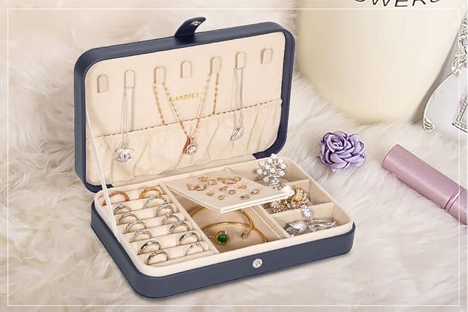 LANDICI Small Jewelry Box for Women Girls, PU Leather Travel Jewelry Case, Portable Jewelry Organizer Storage Holder Display for Ring Earrings Necklace Brooch Men Kids Gift, Dark Blue