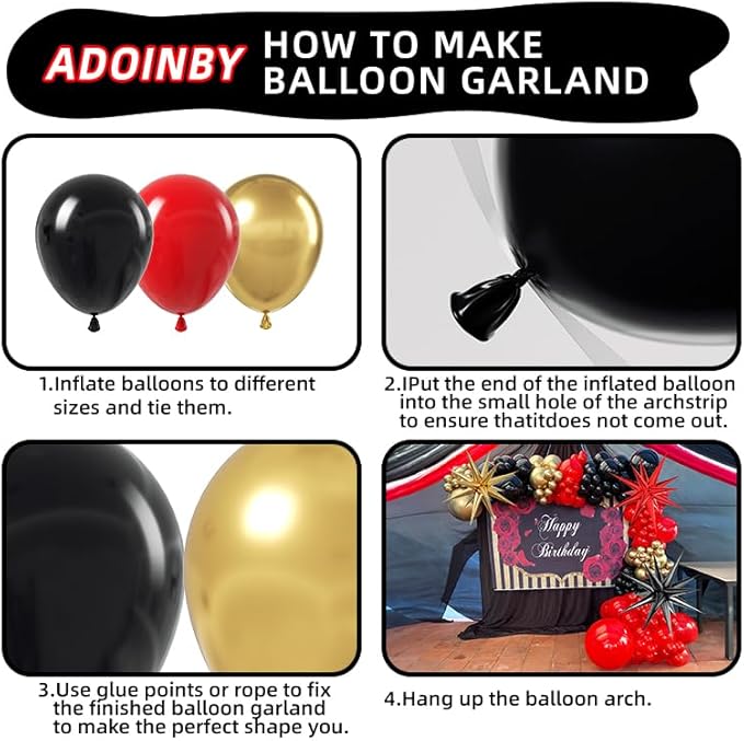 ADOINBY Red and Black Gold Balloon Arch Kit, 140Pcs Explosion Star Black and Red Metallic Gold Balloons 22 18 12 10 5 Inch Different Size Balloons for Birthday Casino Night Movie Night Decorations