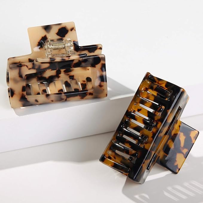 2 Pack Cutout Tortoise and Leopard Square Celluloid Acetate Jaw Clips for Thick Hair