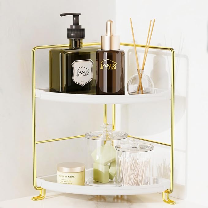 2-Tier Corner Bathroom Countertop Organizer, Tiny Counter Corner Shelf Skincare Makeup Perfume Organizer and Organization for Kitchen (Luxury Gold)