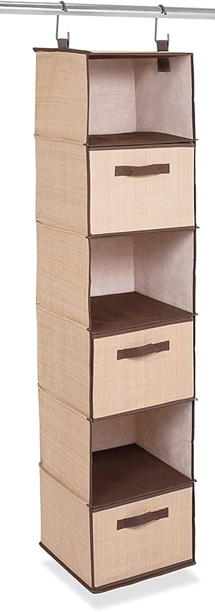 Internet's Best Hanging Closet Organizer with 3 Drawers - 6 Shelf Fabric Storage Organizer for Clothes, Sweaters, Shoes, Accessories - College Dorm Essentials, Small Room Dresser for Kids - Beige