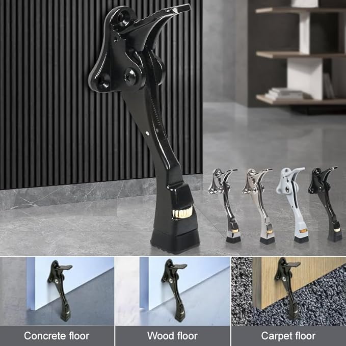 4 Packs Black Door Stops, Heavy Duty Kickdown Door Stopper, One Touch Adjustable Kickdown Door Stop for Heavy Doors, 4 in Metal Door Kickstand with Rubber Tip & Wall Protectors for Wide Doors- Black