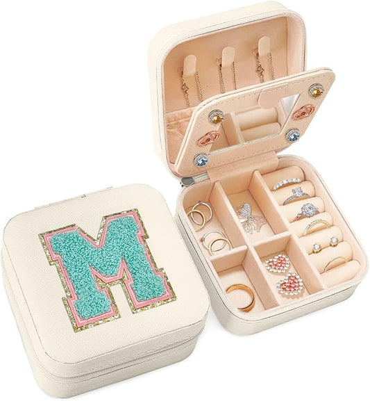 SANDJEST Personalized Jewelry Box, White Travel Jewelry Box with Initial M, Small Monogrammed Jewelry Case Organizer for Girls Women Teen Kids, Mini Travel Essentials Gifts for Birthday Christmas