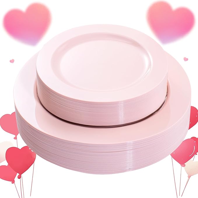 FLOWERCAT 60PCS Pink Plastic Plates - Heavy Duty Pink Plates Disposable for Easter Party&Valentine's Day/Wedding - serving 30 guests Include 30PCS 10.25inch & 30PCS 7.5inch