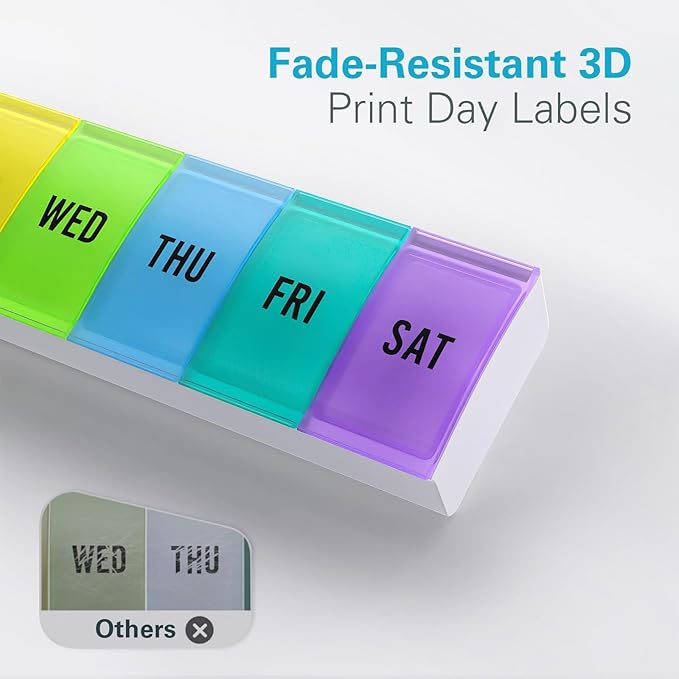 Barhon Medium Size Pill Organizer Weekly, 7 Day Medicine Pill Organizers, Daily Pills Box Case Travel for Big Vitamin Supplements Fish Oil, Multi-Colored