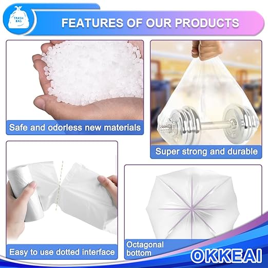 OKKEAI 3 Gallon Small Trash Bags 120 Counts White Garbage Bags Small Bathroom Trash Can Bags 10L Wastebasket Liners for Home Office Kitchen, White, fit 10L-15L Cans