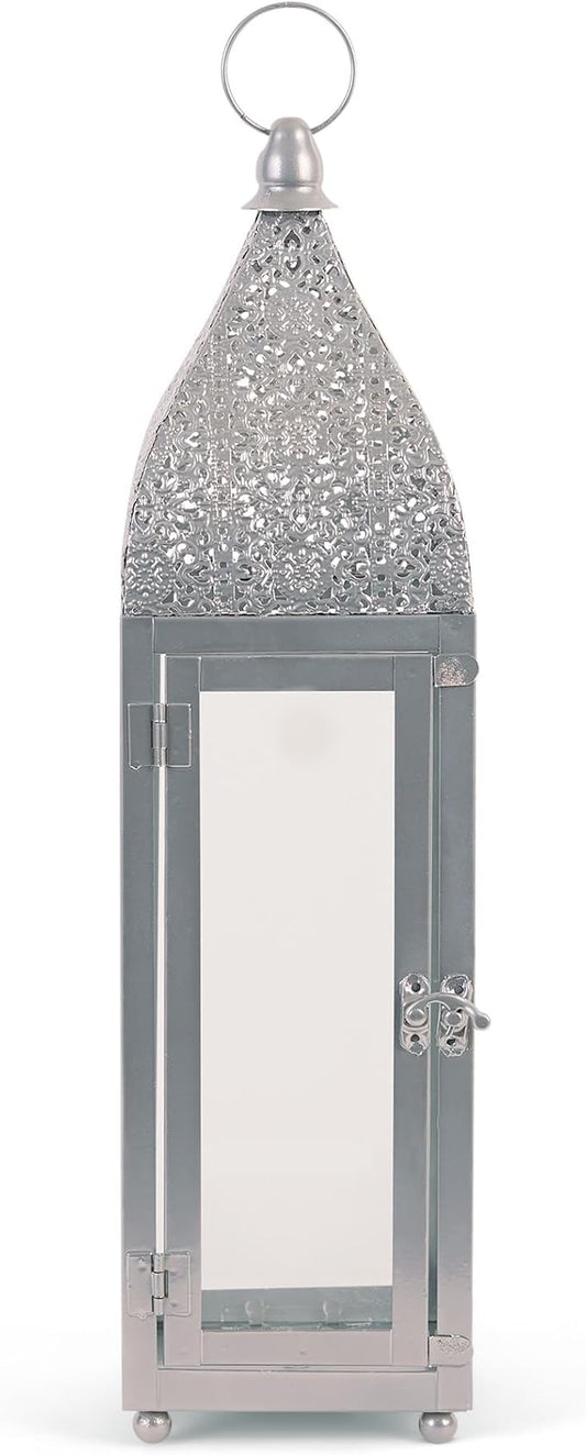 Zingz & Thingz Moroccan Style Candle Lantern Holder, Decorative Light Home Decor, Indoor & Outdoor, 15.25" Tall, Silver