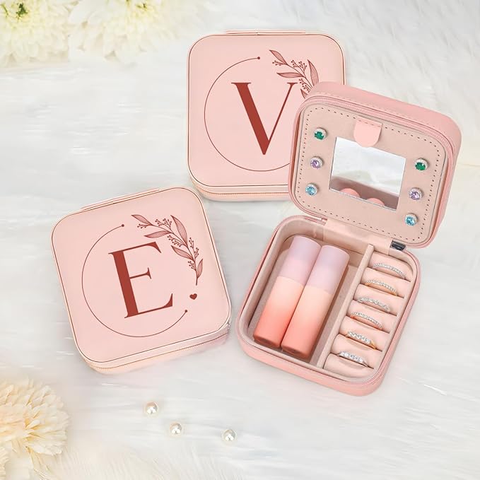 SANDJEST Personalized Jewelry Box, Pink Small Travel Jewelry Box with Initial E, Monogrammed Jewelry Case Organizer for Girls Women Teen, Mini Travel Essentials Gifts for Christmas Birthday