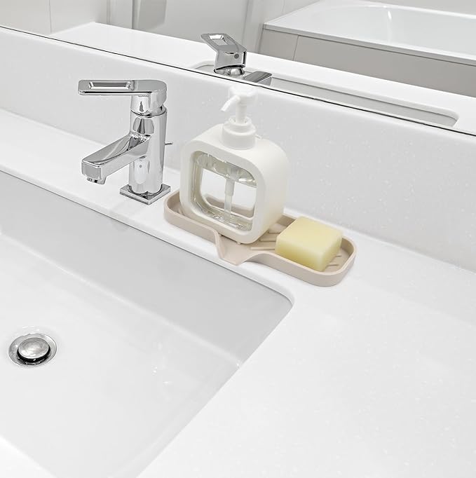 YASMEN Silicone Bathroom Soap Dishes, Sink Sponge Holder for Kitchen, Rubber Soap Dish with Drain, Shower Soap Sponge Tray, Sink or Counter Organizer, for Bar Soap, Bottle, Dish Soap Dispenser-Tapioca