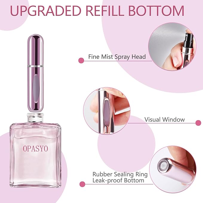 opasyo 5 Pcs Mini Refillable Perfume Portable Atomizer Bottle, 5ml Bottom-Fill Perfume Spray Scent Dispenser, Leak-Proof Travel Pump for Cologne, Aftershave & Purse (Silver/Pink/Gold/Blue/Black)