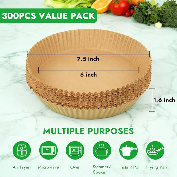 BYKITCHEN 300PCS Small Disposable Air Fryer Liners for 2 to 5QT Airfryer, Round Air Fryer Parchment Paper Liners, Compatible with Ninja AF101 4 QT, CHEFMAN 2 QT, Cosori 2.1QT, Dash 2.6 Quart & More