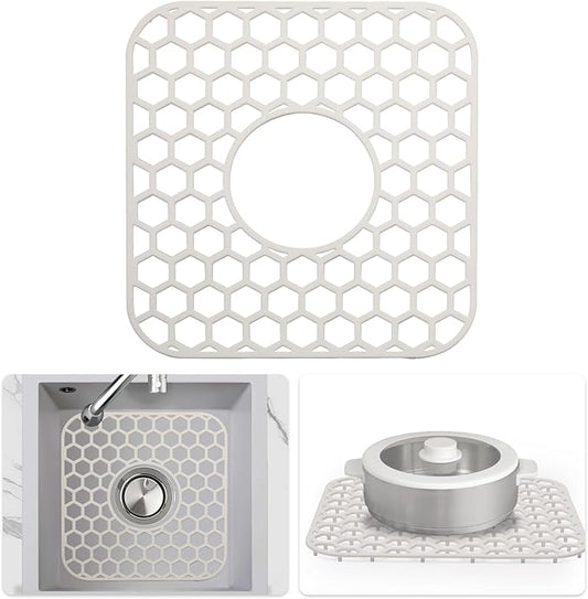 Silicone Sink Protectors for Kitchen Sink - 12" x 11" Kitchen Grid Accessory, Non-Slip Heat-Resistant Mat for Bottom of Porcelain Stainless Steel, Dishwasher Safe (White)