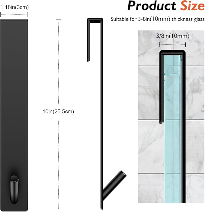 Kontoyo Shower Door Hooks(10 Inch),Extended Over Door Hooks for Bathroom Frameless Glass Shower Door,Stainless Steel Towel Hooks,Heavy Duty Rack Hooks for Robe,Towel-2 Pack-Black