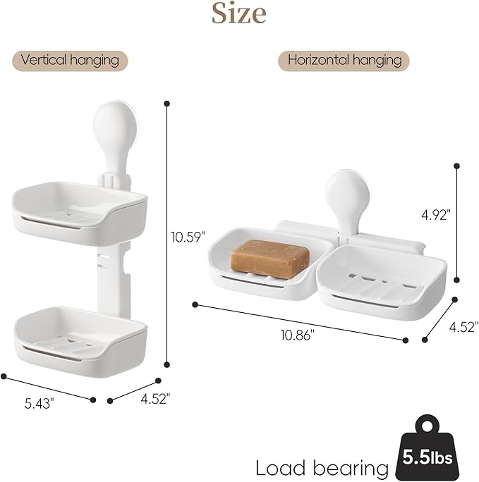 Double Soap Holder, Strong Hold Suction Cup Soap Dish, No Drill Double Layer Tray for Sponge and Bath Essentials, Wall Mount Organizer for Bathroom & Kitchen Sink, White