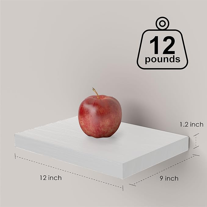 Small Floating Shelves for Wall - 12 x 9 Inch White Shelves for Bedroom, Living Room, Bathroom, Kitchen, Office Decor Set of 3