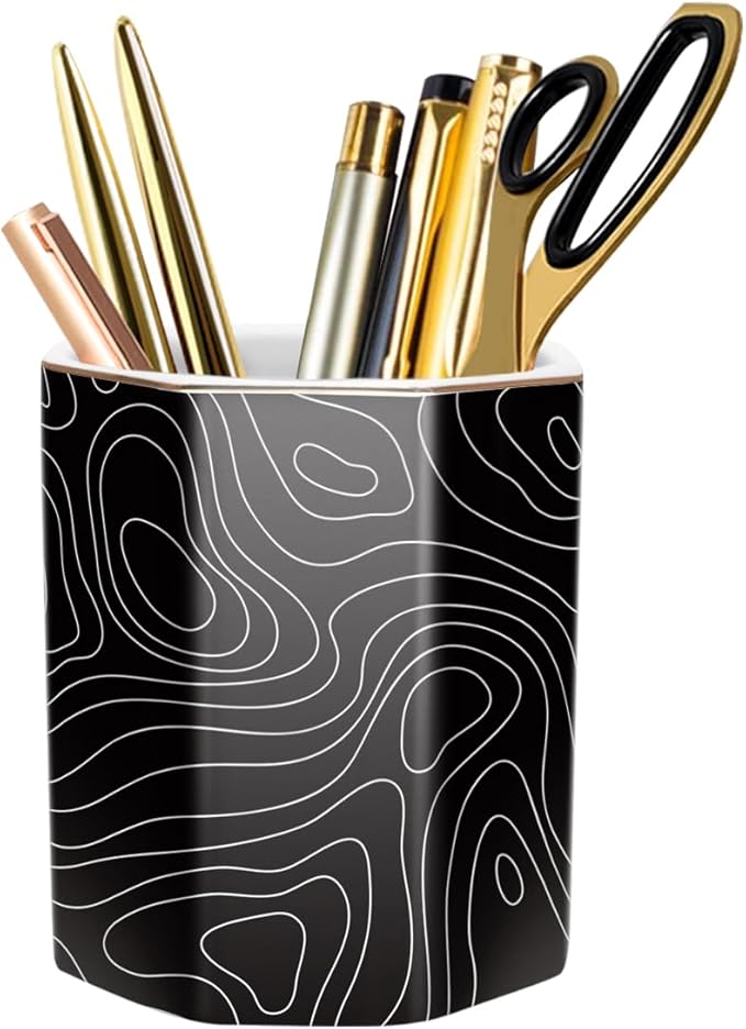 WAVEYU Pen Holder, Pencil Cup for Desk, Cute Desk Organizer, Durable Ceramic Decorative Makeup Brush Desktop Accessories, Stylish Stationery for Office, Home, Abstract Pattern