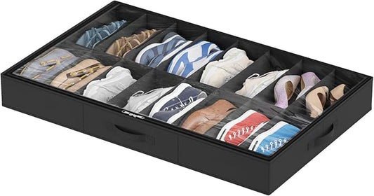 Lifewit Under Bed Shoe Storage Organizer 1 Pack (16 Pairs), 4.3" Tall Fabric Shoes Container Box, Foldable Closet Shoe Bag with 2 Reinforced Handles and Clear Cover, Black