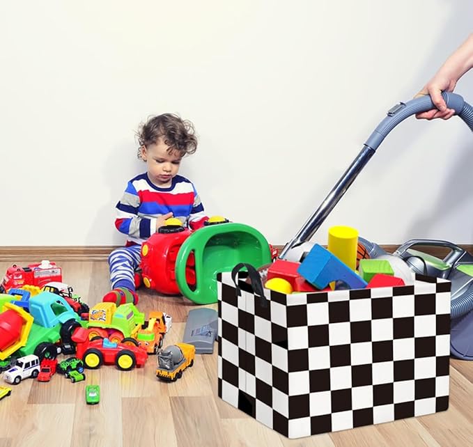 HIYAGON Rectangular Storage Bin Collapse Canvas Fabric Cartoon Storage Basket with Handles for Organizing Home Kitchen(Check)