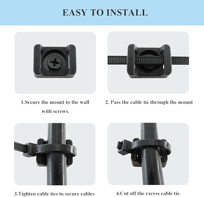 HS Saddle Type Cable Zip Tie Mounts Base Kit with Screw Hole,Set Strong 6 Inch Nylon Cable Ties and Screws Each 100 PCS,Wire Clips Anchor Management Fastener for Baseborad,Wall or Desk,Black
