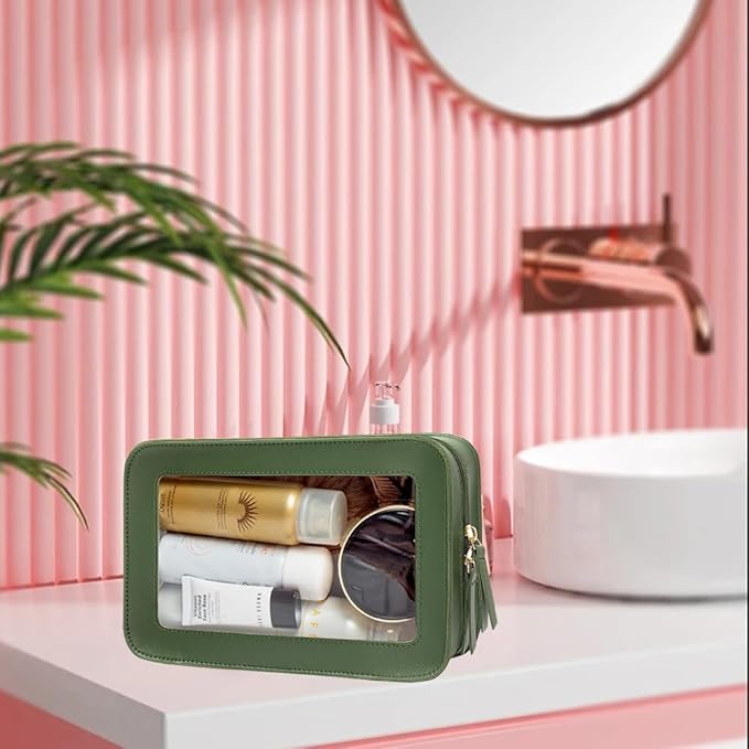Clear Makeup Bag, Green Travel Makeup Pouch Toiletry Bag for Women Waterproof Small Cosmetic Bag Case Small Make Up Bag with Zipper Car Organizer Car Essentials for Women Men
