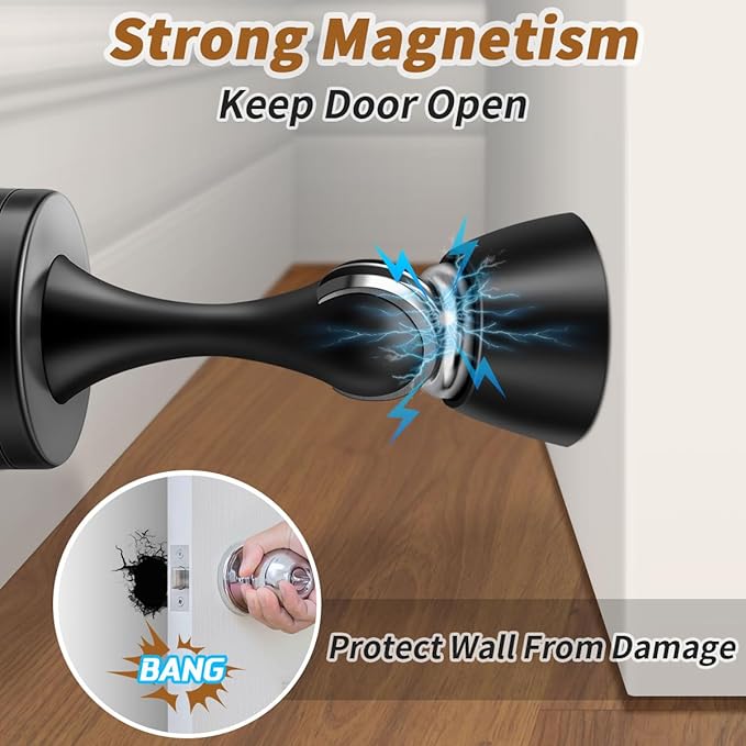 KOLAKO Door Stopper, Magnetic Door Stops, Brushed Satin, 2 Pack Black Magnetic Door Catch Holder to Keep Door Open, Stainless Steel Wall Floor Mounted Doorstop Without Adhesive Tape