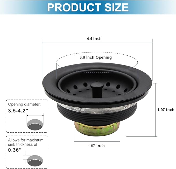 ZM Kitchen Black Sink Stainless Steel Basket Strainer with Drain Assembly, 3-1/2 Inch Sink Drain Stopper Plug