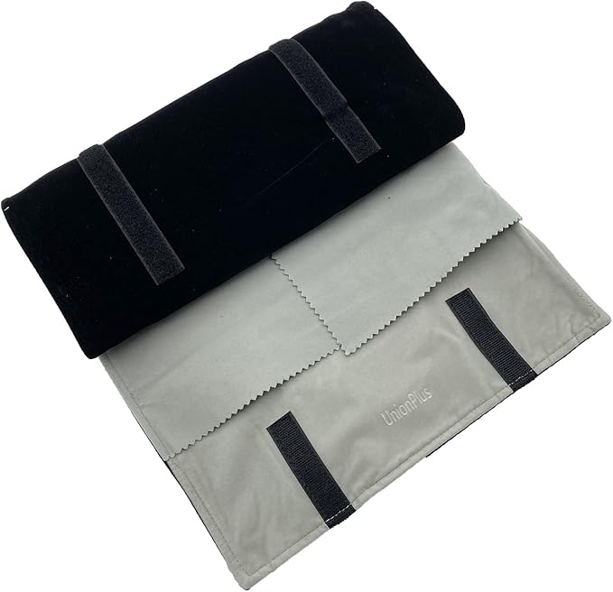 UnionPlus Velvet Travel Jewelry Roll Bag Organizer for Necklace, Elastic Band and Anti-winding, Large, Black and Gray