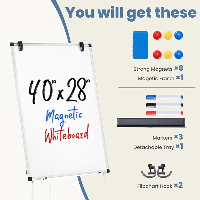 DUMOS Whiteboard Easel 40 x 28 Inches, Magnetic White Board Dry Erase, Porbable Boards Height Adjustable, Dry Erase Board with Stand for School, Office and Home, Silver Aluminium Frame, White