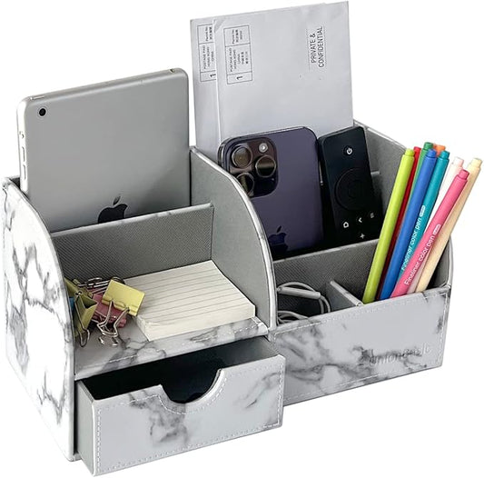 UnionBasic Desk Organizer, Multi-functional Leather Desktop Office Organizer, Pen Holder - Business Card/Pen/Pencil/Mobile Phone/Stationery Holder Storage Box, Marble White