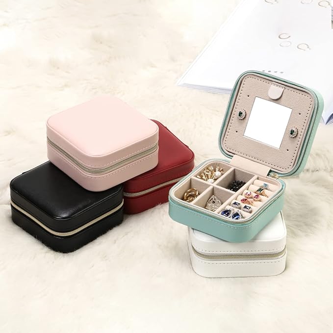 Jewelry Case with Mirror, Small Travel Jewelry Organizer, Portable Mini Storage Box for Rings, Earrings, Necklaces, Gift for Mother Mom, Girl, Daughter, Sisters, Bridesmaids, Mother's Day Gift (White)