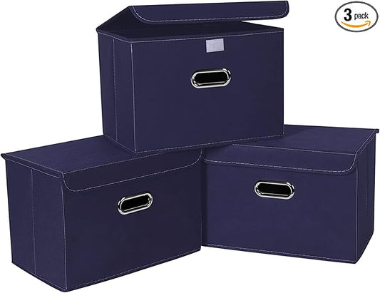 Linen Fabric Foldable Collapsible Storage Cube Bin Organizer Basket Fabric Storage Bins with Lid, Leather Handles, Removable Divider for Home, Closet,Navy Blue 3Pcs
