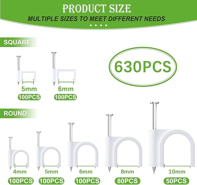 mxuteuk 630PCS Cable Clips with Steel Nails, 4/5/6/8/10mm Round and 5/6mm Square White Cable Wire Clips, Wall Clips for Cords, Cable Cord Clips for RG6 RG59 CAT6 RJ45
